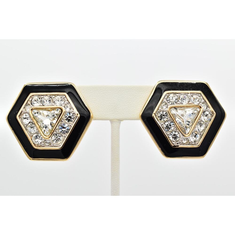 Swarovski Vintage Crystal Clip Earrings Black Enamel Heavy SAL Signed 80s BinBF